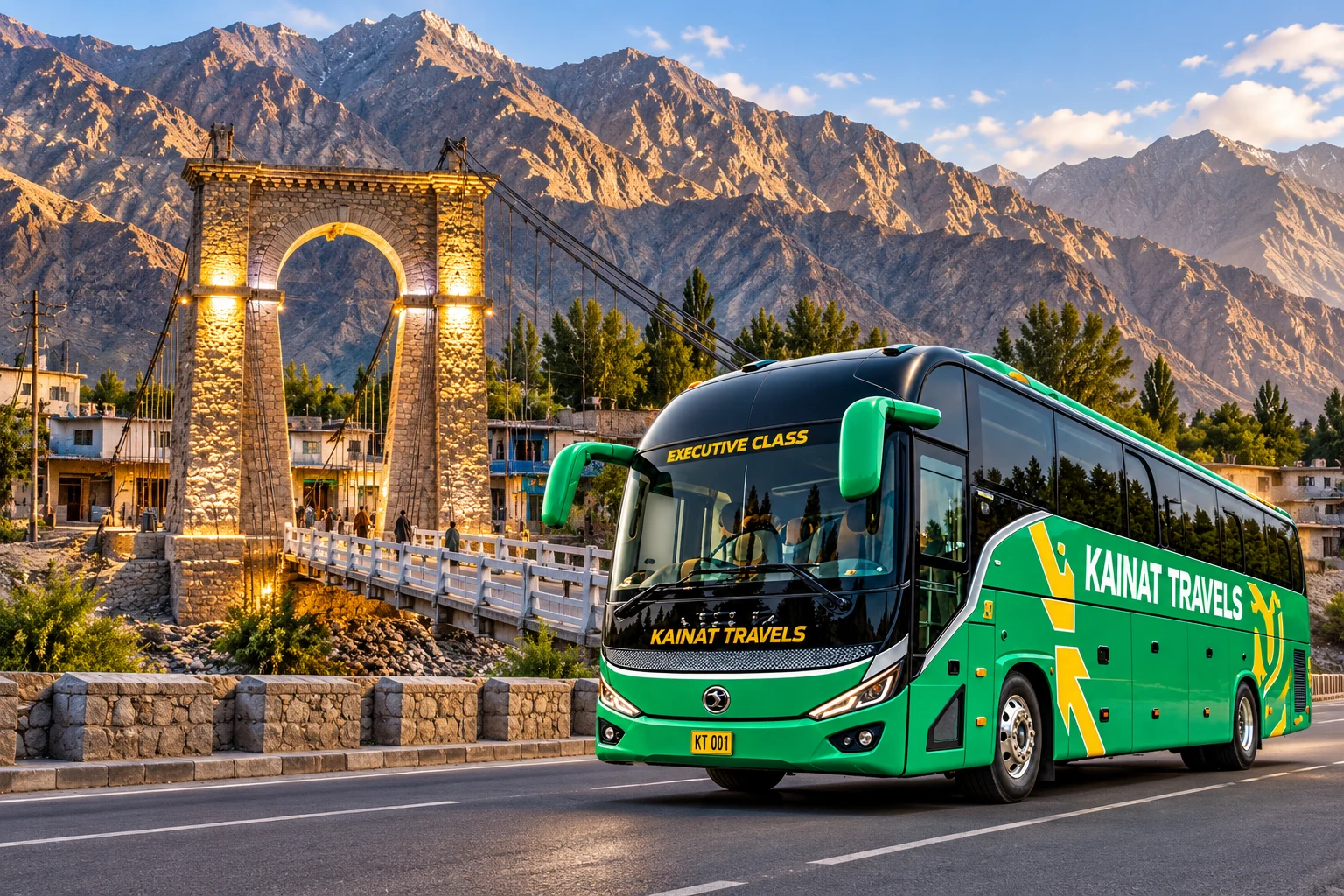 Kainat Travels coach with Gilgit bridge — travel illustration