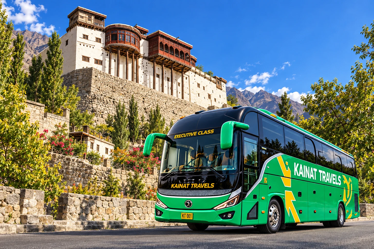 Kainat Travels coach with Baltit Fort, Hunza — travel illustration