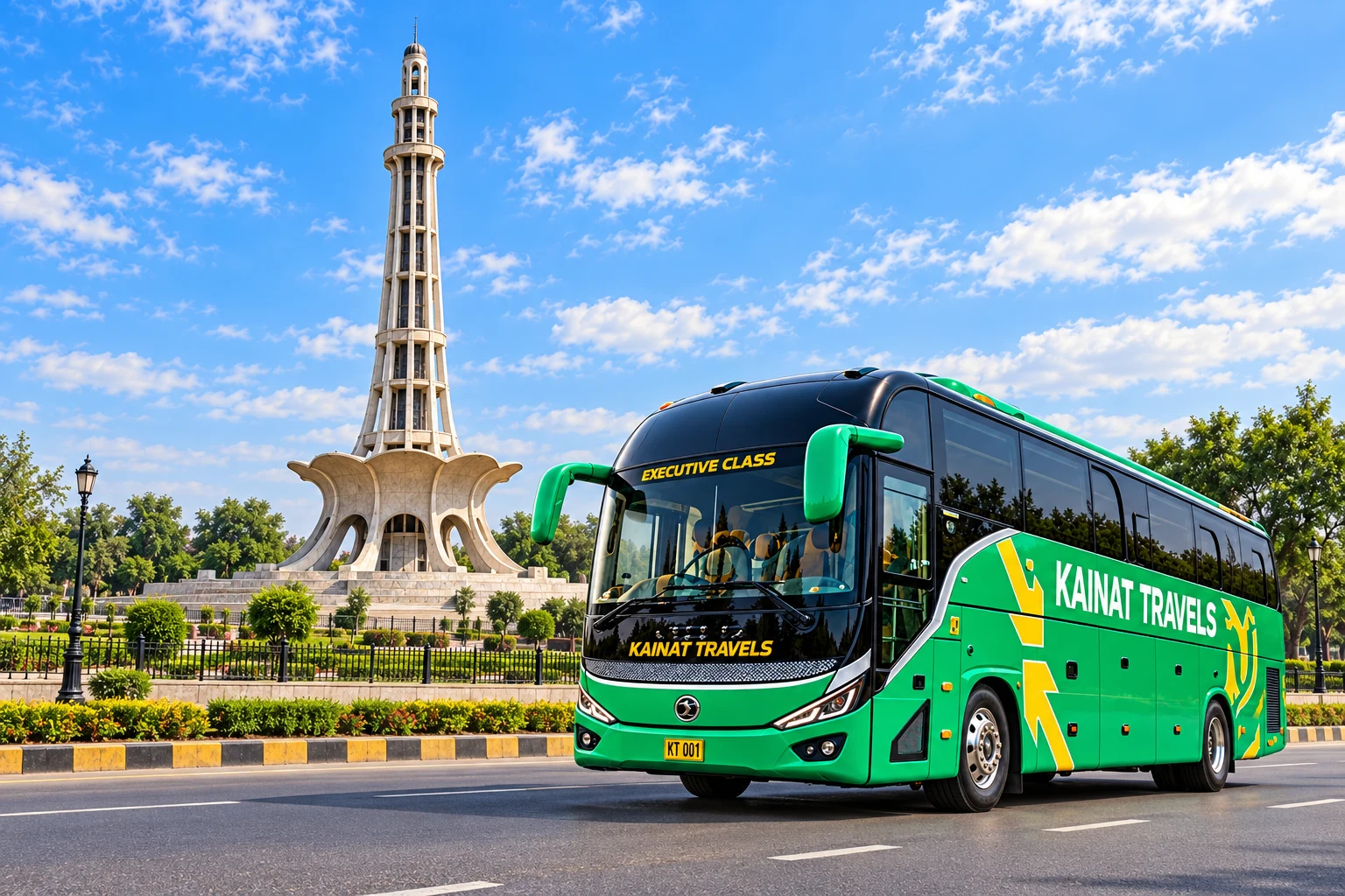 Kainat Travels coach with Minar-e-Pakistan, Lahore — travel illustration